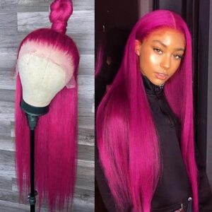 Maycaur Long Straight Hot Pink Lace Front Wigs Pre Plucked Hairline Glueless Hair Rose Red Synthetic Lace Front Wigs for Fashion Women Heat …