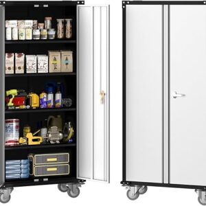 Metal Storage Cabinet 72″ H with Wheels, Steel Tool Cabinet with Lock and 4 Adjustable Shelves and Lockable Rolling,Storage Organization fo…