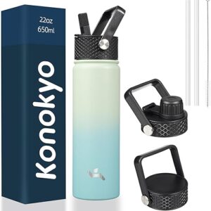 22oz Stainless Steel Bottles with 3 Lids Sport Insulated Water Bottle,Mint