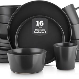 Stone Lain Celina Stoneware 16 Piece Dinnerware Set, Plates and Bowls, Black Matte Dish, Service for 4 – Minimalist Round Style, Microwave …