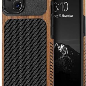 TENDLIN Compatible with iPhone 13 Case Wood Grain with Carbon Fiber Texture Design Leather Hybrid Case Compatible for iPhone 13 6.1-inch Released …