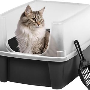 IRIS USA Large Cat Litter Box with Scatter Shield and Scoop, Open Top High Sided Cat Litter Pan, Black