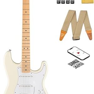 Fender Standard Stratocaster – Olympic White Bundle with Strap, Guitar Cleaning Kit and Austin Bazaar Instructional Video