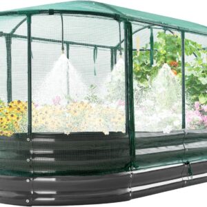 Quictent Galvanized Raised Garden Bed Kit with Self Watering System and Mesh Cover, Large Oval Metal Outdoor Planter Garden Boxes for Vegeta…
