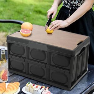 Folding Storage Box with Wooden Cover, 30L Collapsible Storage Bins with Lid, Camping Storage Container for Camping, Car Storage, Home Sort…