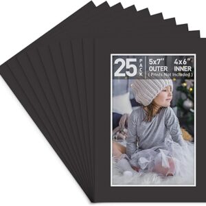 Golden State Art Pack of 25, Acid-Free Black Pre-Cut 5×7 Picture Mat for 4×6 Photo with White Core Bevel Cut Frame Mattes