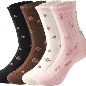 Womens Cute Crew Socks Ruffle Frilly Floral Heart Cotton Socks For Women Novelty Dress Ladies Socks