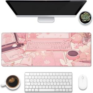 Large Gaming Mouse Pad for Desk,Pink Kawaii Anime Girl Desk Desk Mat,Kawaii Anime Desktop Desk Pad,Extended Big Computer Keyboard Mouse Pad with Non-Slip Base and Stitched Edge,31.5″x11.8″