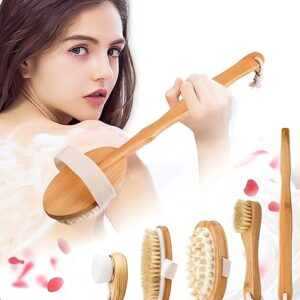 Premium Dry Brushing Body Brush Set for Lymphatic Drainage and Cellulite Treatment, Boar Bristle Long Handle Face Cleansing Brush for A Glowing Skin, 5 Pack