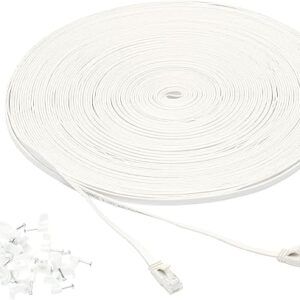 Amazon Basics Cat 6 Ethernet RJ45 10Gbps Flat Cable 100 ft Outdoor&Indoor White Solid Patch Cord with Clips for Router, Modem, PS4/5, Xbox,…