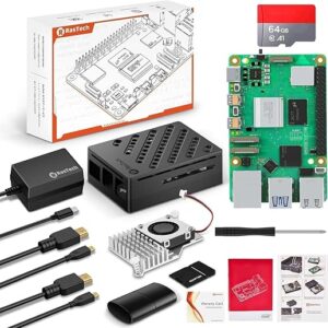 RasTech Raspberry Pi 5 8GB Kit 64GB Edition with Active Cooler,27W 5.1V5A USB-C Power Supply,Pi5 8GB Board,64GB Card Readers Kit,Pi 5 Case,…