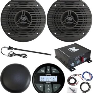 Gauge Style AM/FM Bluetooth AUX/USB Marine Stereo Digital Media Receiver, 3.5″ 75 Watt Max Full Range Audio Graphite Boat Speakers (Pair), …
