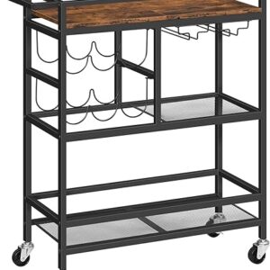 Bar Cart for Home, 3-Tier Serving Cart with Wheels and Handle, Beverage Cart with Wine Rack and Glass Holders, Rolling Wine Cart for Kitche…