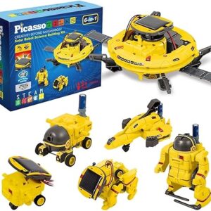 PicassoTiles STEM Kids Solar Powered Space Robot Educational Learning Engineering Building Toy 6-in-1 Creative Unique Transformation Renewab…