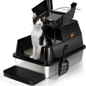 Stainless Steel Cat Litter Box with Lid, 180° Flip-Top XL Extra Large Enclosed Litter Box, Covered Metal High Sided Litter Pan with Steps &…