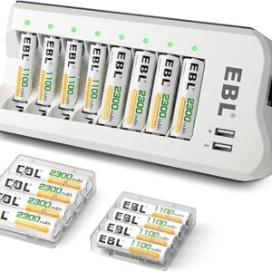 EBL AA 2300mAh (8 Pack) and AAA 1100mAh (8 Pack) Ni-MH Rechargeable Batteries and AA AAA Rechargeable Battery Charger with 2 USB Charging Ports