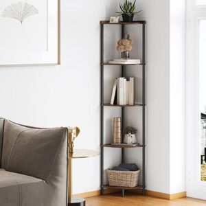 SUNMORY 5 Tier Corner Shelf Stand,Industrial 65″ Corner Shelves Display Shelf for Living Room Decor,Wall Corner Bookshelf Multi Unit Organizer,Tall Shelf Plant Stand for Bedroom,Bathroom,Small Space