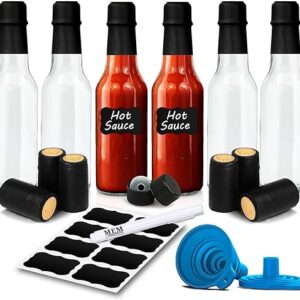 Clear Glass Hot Sauce Bottle (woozy) with Black Cap and Orifice Reducer 5 oz – (6 Pack) – Empty Wine Bottles with Shrink Capsules Bands, La…