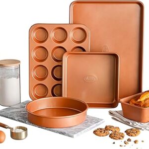 Gotham Steel Non Stick Ceramic Bakeware Set, 5 Piece No Warp & Dishwasher Safe Baking Set, Baking Pans Set with Round & Square Baking Pan, …