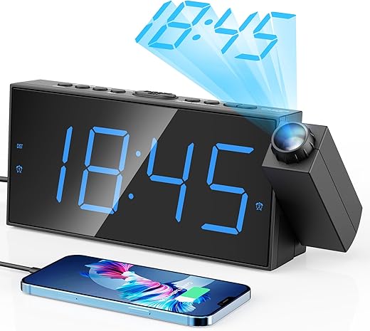 Digital Projection Alarm Clocks for Bedrooms - Large LED Display, 180° Rotatable Projector, 5-Level Dimmer,USB Charger,Battery Backup,Loud ...