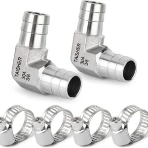 TAISHER 2PCS 304 Stainless Steel 90 Degree Elbow Hose Barb Fittings 3/8″ Barb x 3/8″ Barb for Fuel/AIR/Lquid/Gas with 4PCS Hose Clamp
