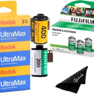 Kodak Ultramax 400 35mm Film 3-Pack & Fujifilm 200 3-Pack 36exp (6 Total) Bundle with Balveli Microfiber Cloth, 35mm Film Cameras-35 Mm Film…