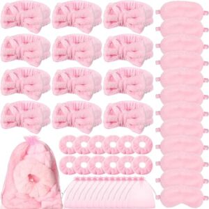 48 Pieces Spa Sleepover Party Supplies 12 Pink Spa Headband 12 Plush Sleep Eye Mask 12 Pink Velvet Scrunchies 12 Organza Bags for Slumber P…