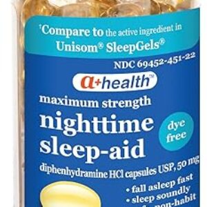 Nighttime Sleep Aid Diphenhydramine Dye-Free 50mg Softgels, Maximum Strength, 120 Count