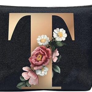 CTNUOBEE Small Letter Comestic Toiletry Bag Gold Alphabet with Flower Makeup Bag Portable Travel Stuff Bag Zipper Toiletry Pouch Personaliz…