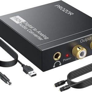 PROZOR 192KHz Digital to Analog Audio Converter DAC Digital SPDIF Optical to Analog L/R RCA Converter Toslink Optical to 3.5mm Jack Adapter…