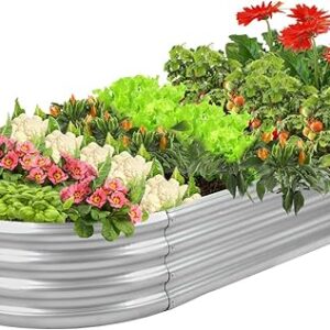Raised Garden Bed Galvanized Planter Box Outdoor, 5ft Oval Large Rot-Resistant Metal Garden Bed Planter for Vegetables Flower Herb (Silver)