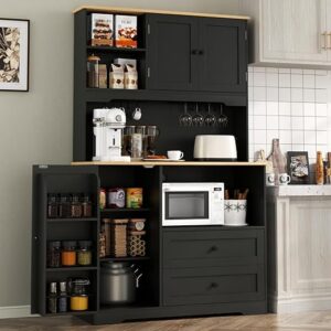 Kitchen Pantry Storage Cabinet,Freestanding Buffet Cabinet with Wine Glass Holder,Food Pantry with Doors and Shelves,Tall Kitchen Hutch with…