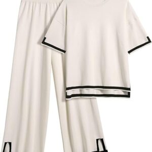 Ekouaer Lounge Set for Women Travel Outfits 2 Piece Sets Short Sleeve Sweater Top Wide Leg Long Pants Loungewear