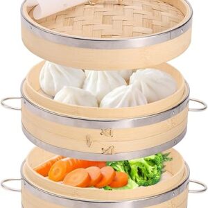 Bamboo steamer basket set 8-inch, 2-tier dumpling steamer with side handles and 50pcs paper liners for buns, dim sum, dumplings, vegetables…