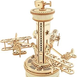 ROKR 3D Wooden Puzzle for Adults Airplane Tower Music Box – DIY Mechanical Model Building Kit 10″, Gifts for Boys/Girls/Parents/Family