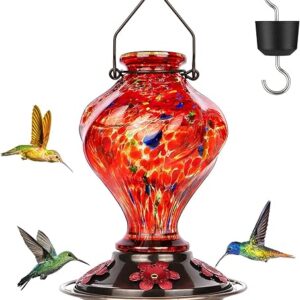 Hummingbird Feeder, BOLITE Glass Hummingbird Feeders for Outdoors Hanging, Hand Blown Twisted with Ant Moat and Five Feeding Ports, 24 Ounces, Leak Proof, Red