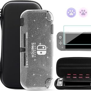 GLDRAM Black Carrying Case for Nintendo Switch Lite, Portable Travel Case with 8 Game Card Slots, 4 in 1 Accessories Kit with Clear Glitter…