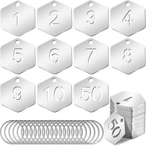 50 Pcs Hollowed Stainless Steel Number Tags Metal Numbered Key Number Coat Check ID Tags with Key Rings Chain for Dormitory Keys House Lock…