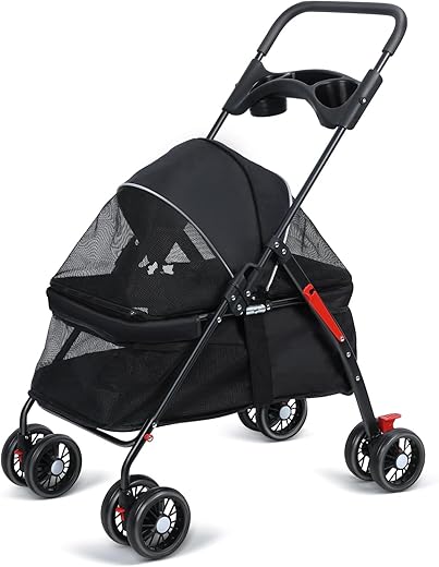 Pet Stroller with 4 Wheels,Foldable Dog Cat Cage Stroller with Cup Holder Breathable Mesh for Medium Small Dogs Cats 1 Set