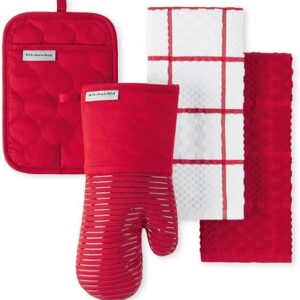 KitchenAid Quilted Cotton Terry Cloth Oven Mitt, Pot Holder Heat Resistant, 16″x26″, 7″x13″ & 7″x10″, Passion Red