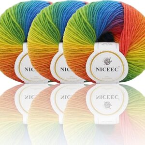 NICEEC 3 Skeins 100% Wool Rainbow Yarn Soft Gradient, Self-Striping, Colorful Single Ply Yarn for Crochet & Knitting – 11#