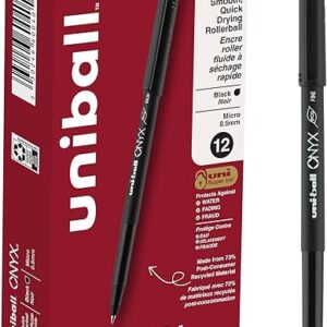 uniball Onyx Roller Ball Pen, Stick, Micro 0.5 Mm, Black Ink, Black Matte Barrel, Dozen