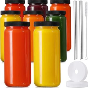 [ 8 Pack ] Glass Juicing Bottles with 2 Straws & 2 Lids w Hole- 16 OZ Travel Drinking Jars, Water Cups with Black Airtight Lids, Reusable Ta…
