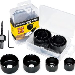 KATA 6PCS Hole Saw Kit 1-1/4″ to 2-1/8″(32-54mm) Hole Saw Set in Case with Mandrels and Hex Key for Soft Wood, PVC Board, Plywood