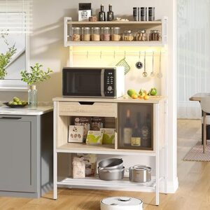Bestier Bakers Rack with LED Lights, 6 Tier Microwave Stand with Storage Drawer Cabinet, Kitchen Coffee Bar Table with 8 Hooks, Heavy Duty S…