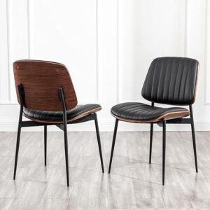 LUNLING Dining Chairs Set of 2 Mid Century Modern Retro Faux Leather Chair with Walnut Bentwood Upholstered Seat Metal Legs Chairs,Adjustab…