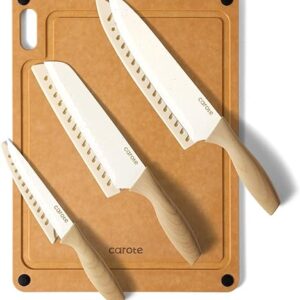 CAROTE Knife Set, 7 Pcs Kitchen Knives Set with 5 Blade Guards, Wooden Cutting Board, Rustproof Stainless Steel Kitchen Knife Sets with Non…