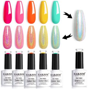 RARJSM Neon Gel Nail Polish Kit Soak off Holographic Nail Polish Set Silver Glitter Nail Polish Irridescent Colors Green Yellow Neon Orange…