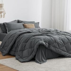 Love’s cabin Twin Comforter Set Dark Grey, 5 Pieces Twin Bed in a Bag, All Season Twin Bedding Sets with 1 Comforter, 1 Flat Sheet, 1 Fitte…
