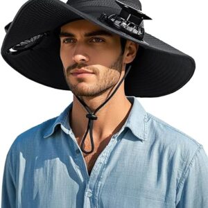 Wide Brim Sun Hat with 2 Solar Fan, Sun Bucket Hat for Men Women, UPF 50+ Bucket Fishing & Beach Hat with Fan
